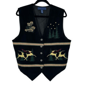 Vintage Womens L Sweater Vest Golden Reindeer Pinecones Pine Trees Christmas